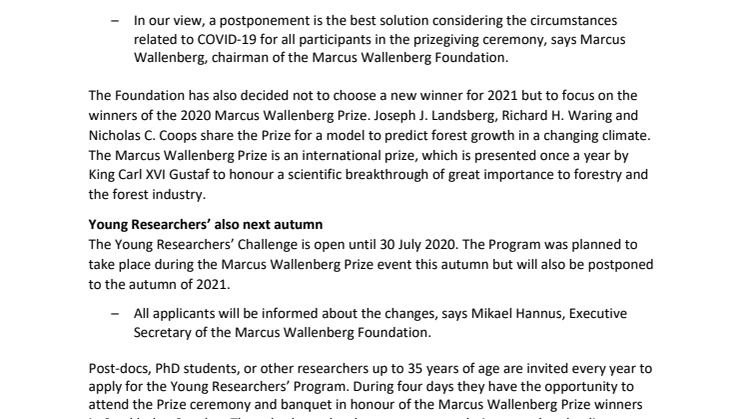 MWP Press release Prize event postponed to 2021