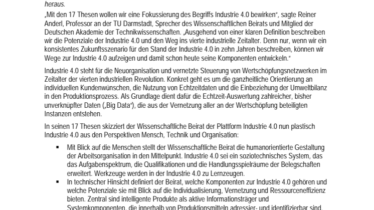 Die Plattform Industrie 4.0 definiert Industrie 4.0 und die vordringlichen Forschungsthemen