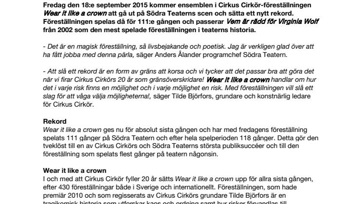 Cirkus Cirkör jubilerar med rekord på Södra Teatern