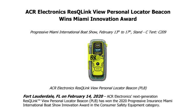 ACR Electronics ResQLink View Personal Locator Beacon Wins Miami Innovation Award