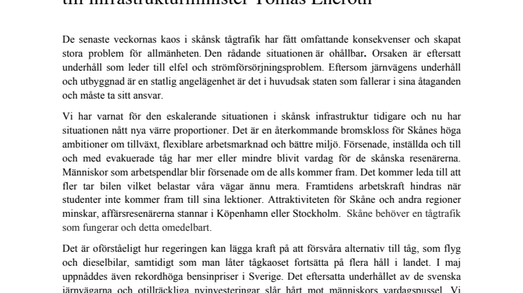 Öppet brev från Alliansen i Skåne till infrastrukturminister Tomas Eneroth (S)