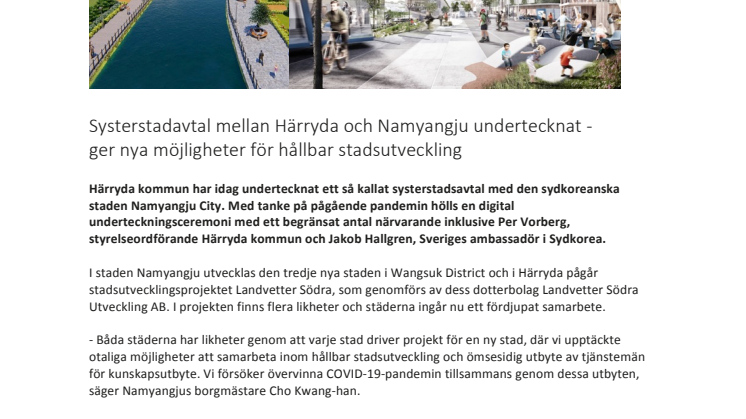 Systerstadavtal mellan Härryda och Namyangju undertecknat -  ger nya möjligheter för hållbar stadsutveckling