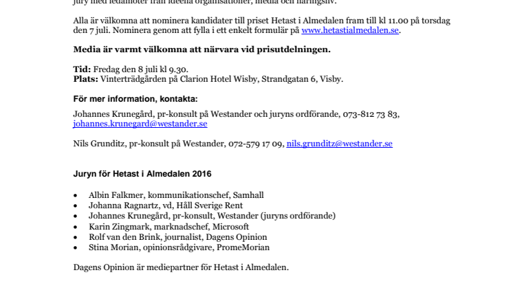 Westander utser Hetast i Almedalen