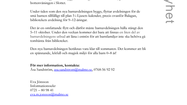 ​Barnavdelningen på Stadsbiblioteket flyttar tillfälligt – har STÄNGT 5–11 okt
