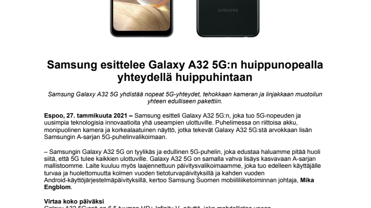 Samsung esittelee Galaxy A32 5G:n huippunopealla yhteydellä huippuhintaan