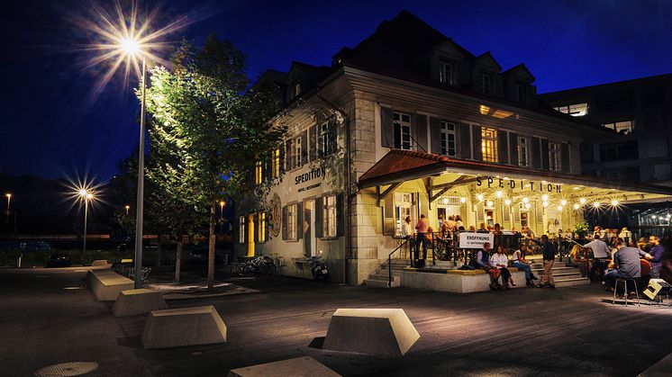 Terrace at Spedition Hotel & Restaurant in Thun, Switzerland, designed by Stylt Trampoli