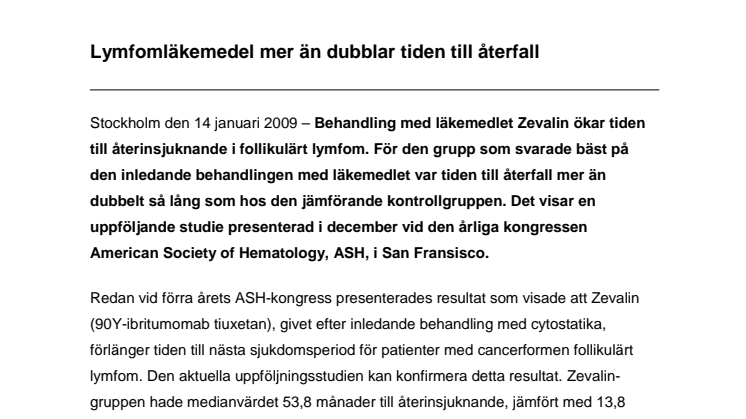 Lymfomläkemedel mer än dubblar tiden till återfall   