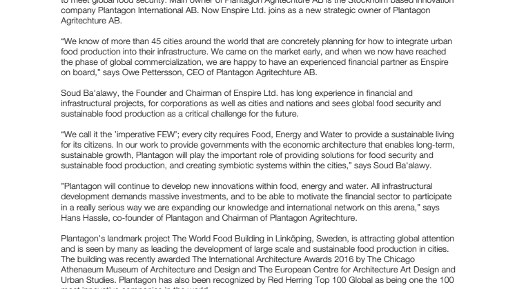 Dubai investor takes a stake in Swedish Plantagon Agritechture AB