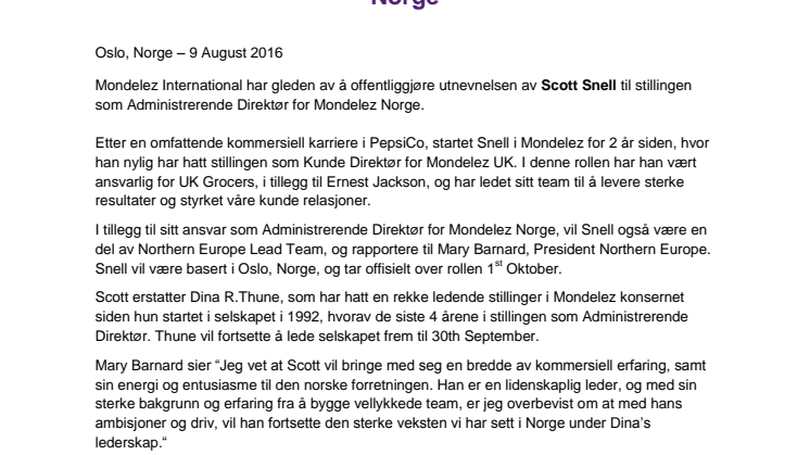 Mondelez ansetter ny Administrerende Direktør i Norge