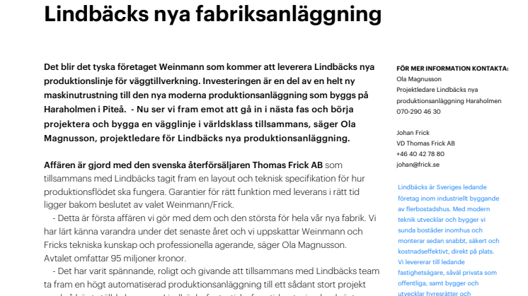 Weinmann vann största upphandlingen till Lindbäcks nya fabriksanläggning 
