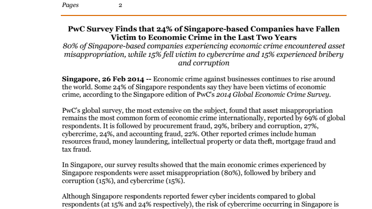 PwC Survey Finds that 24% of Singapore-based Companies have Fallen Victim to Economic Crime in the Last Two Years