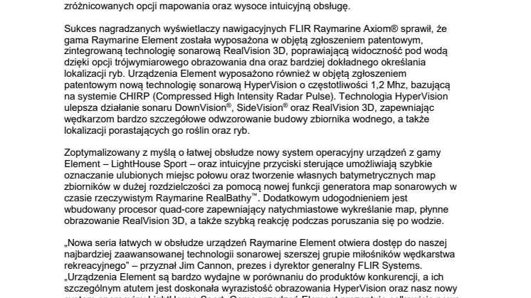 Raymarine: FLIR przedstawia serię urządzeń Raymarine Element wyposażonych w technologię realistycznego odwzorowywania obrazu sonarowego