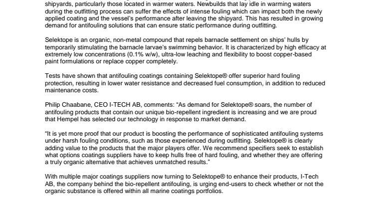 Selektope® antifouling technology adopted in new outfitting coating