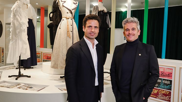 Leo Fenwick and Store Director, Kieran McBride, with the garments created by students at Exhibition 140. Image by Maddie Gunson