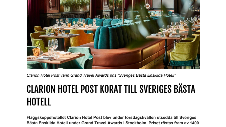 CLARION HOTEL POST KORAT TILL SVERIGES BÄSTA HOTELL