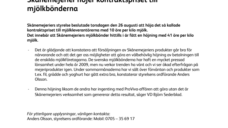 Skånemejerier höjer kontraktspriset till mjölkbönderna