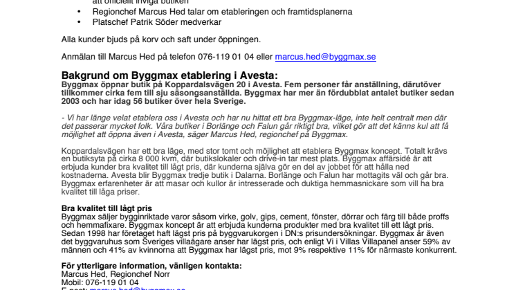Pressinbjudan: Invigning av Byggmax butik i Avesta