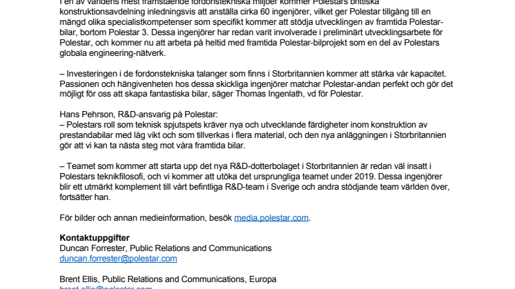 Polestar inrättar ny anläggning för forskning och utveckling i Storbritannien för att skapa framtidens prestanda-elbilar