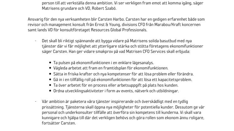 Matrisen startar dotterbolaget Matrisen CFO Services