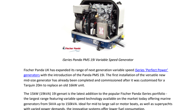 Fischer Panda UK Launches New Panda PMS 19i to Expand Popular Range of iSeries Variable Speed Generators