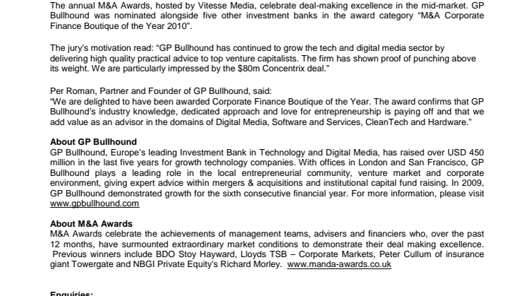 GP Bullhound wins Corporate Finance Boutique of the Year Award 2010