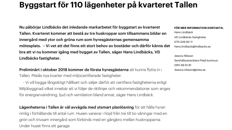 Byggstart av 110 lägenheter på kvarteret Tallen i Piteå