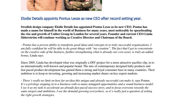 Elodie Details appoints Pontus Lesse as new CEO after record setting year