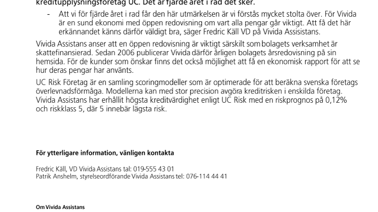 Vivida Assistans erhåller högsta kreditvärdighet igen