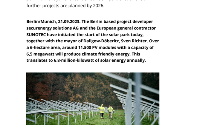 Press release: Construction starts on the 6,5- megawatt solar plant in the municipality of Dallgow-Döberitz in Brandenburg