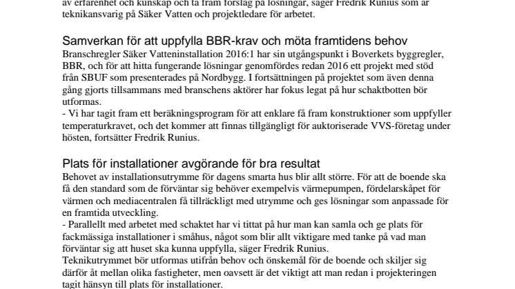 Säker Vatten samordnar branschprojekt med lösningar för tappvattenschakt och teknikvägg