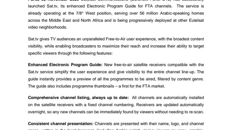 ​Eutelsat successfully launches Sat.tv, its enhanced Electronic Program Guide for free-to-air channels