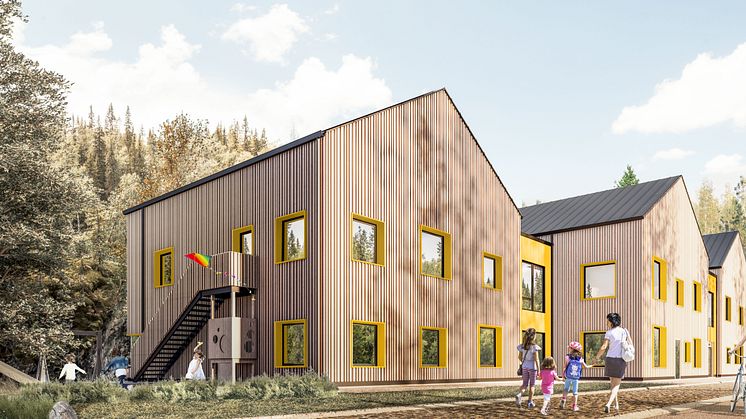 Nya förskolan i Gnarp blir en ny mötesplats med hållbarhet i fokus. Illustration: Street Monkey Architects/Friendly Buildning 
