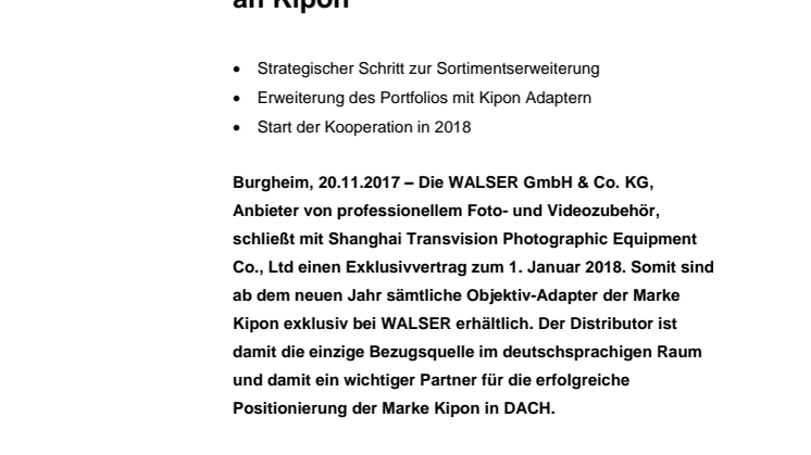 WALSER sichert sich Exklusivrechte an Kipon