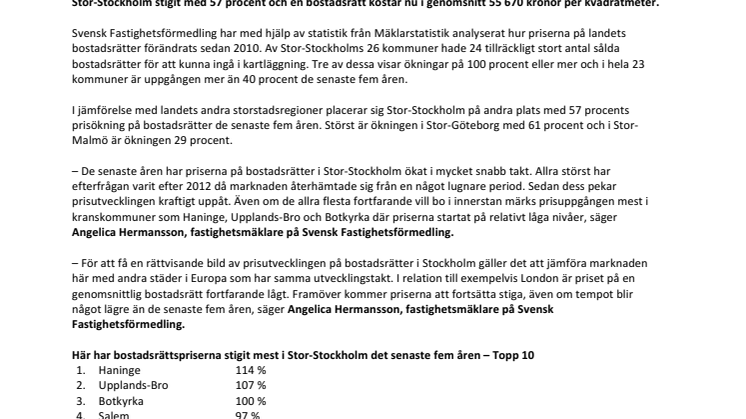 Så mycket har bostadsrättspriserna ökat i Stockholm – kommun för kommun