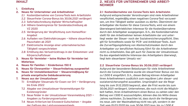 Mandanteninformation: aktuelle Steuerthemen im 2. Quartal 2021