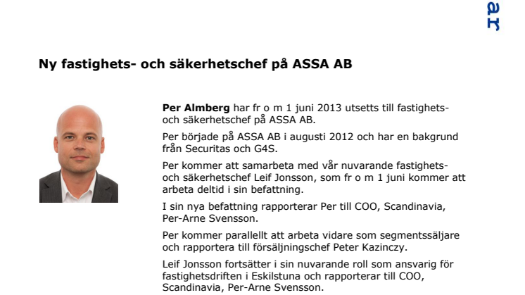 Ny fastighets- och säkerhetschef på ASSA AB