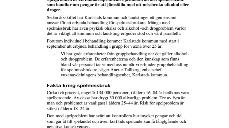 Start av behandlingsgrupper för vuxna spelmissbrukare