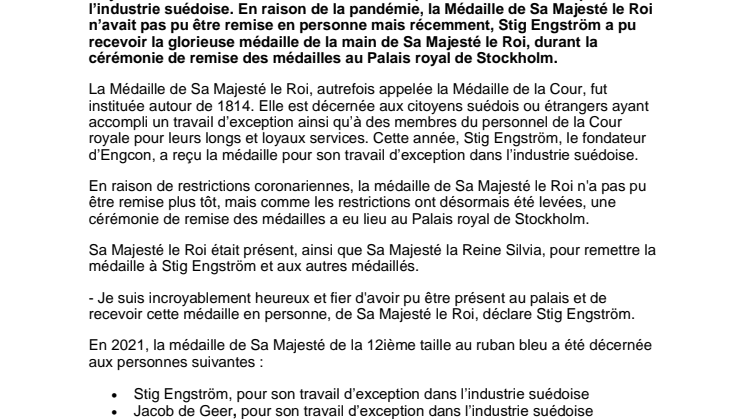 271021_Press_Le fondateur d'Engcon, Stig Engström, a reçu une médaille de Sa Majesté le Roi de Suède au Palais royal de Stockholm