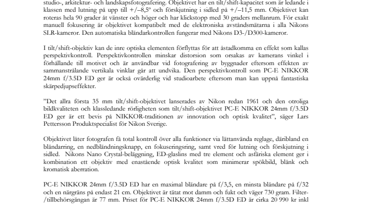 Nikon lanserar professionellt, ställbart vidvinkelobjektiv