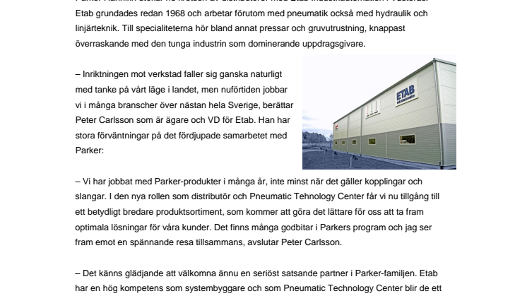 Etab i Västerås blir ny distributör och ett Parker Pneumatic Technology Center