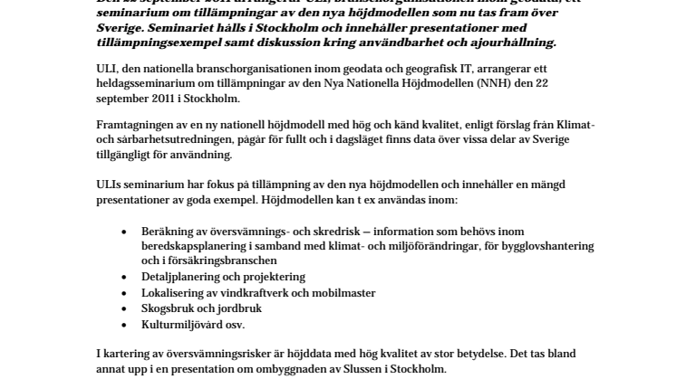 Tillämpningar av den Nya nationella höjdmodellen presenteras på ULIs seminarium 22 september