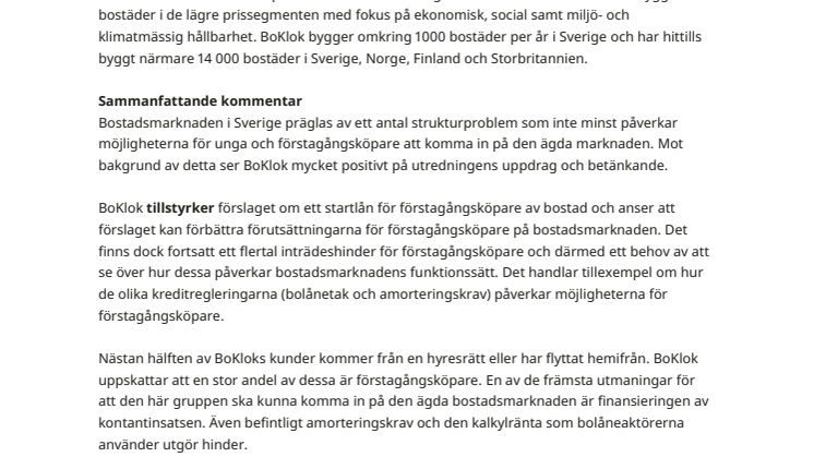 BoKloks yttrande avseende betänkandet Startlån till förstagångsköpare av bostad (SOU 202212)
