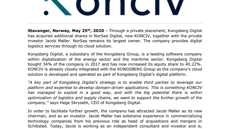 Kongsberg Digital and private investor invest in Norsea Digital – changes its name to KONCIV