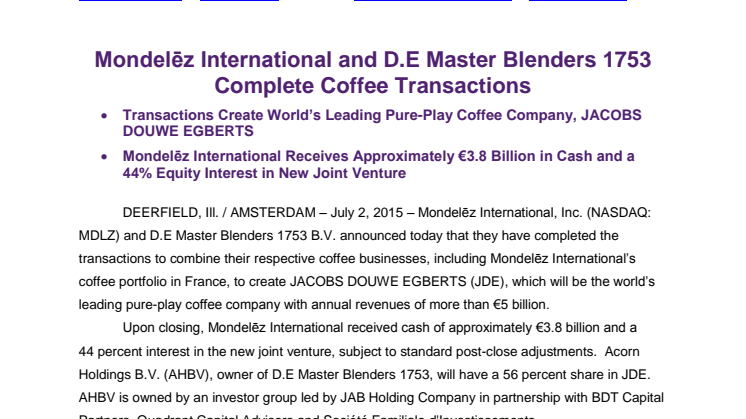 Mondelēz International and D.E Master Blenders 1753 Complete Coffee Transactions