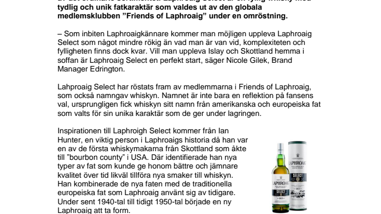 Nyhet på Systembolaget från ett av Skottlands mest välrenommerade destillerier – Laphroaig Select