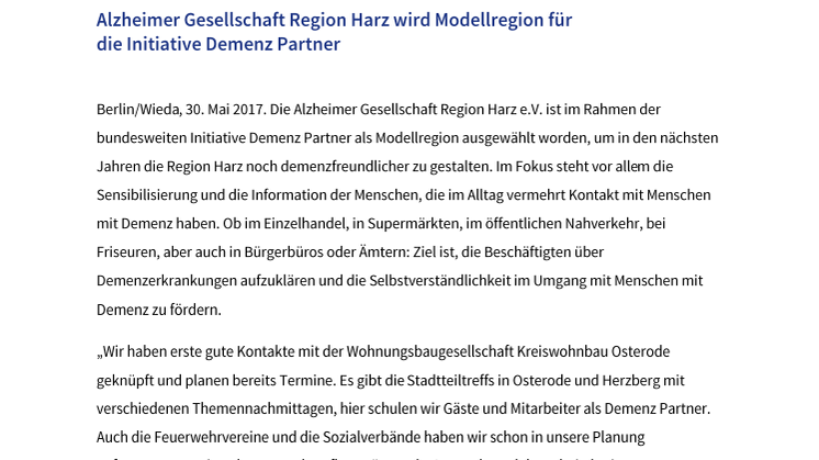 Engagiert für eine demenzfreundliche Gesellschaft: Alzheimer Gesellschaft Region Harz wird Modellregion für die Initiative Demenz Partner
