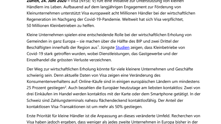 Visa unterstützt die wirtschaftliche Erholung von acht Millionen kleinen Händlern in Europa