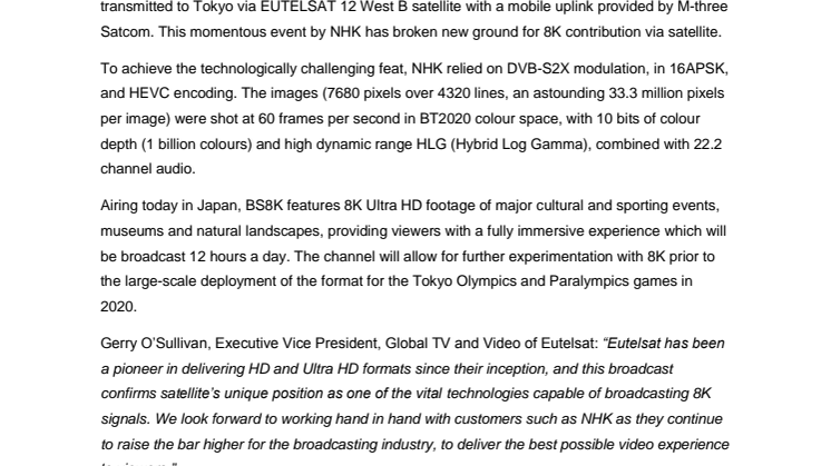 NHK partners with Eutelsat for the launch of the world’s first 8K channel