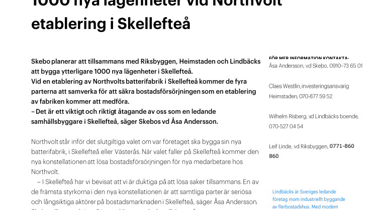 1000 nya lägenheter vid Northvolt etablering i Skellefteå