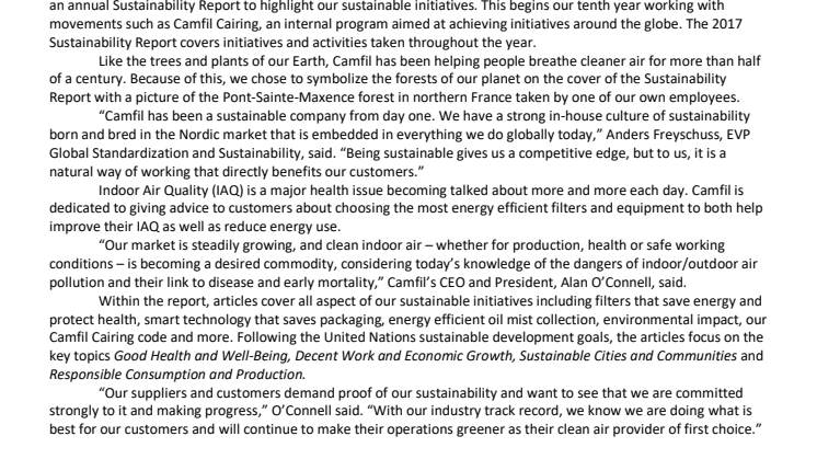 Camfil publishes 2017 Sustainability Report focused on UN Global Compact